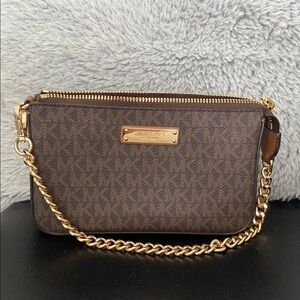 Michael Kors Brown Signature Logo Chain pouchette wristlet
